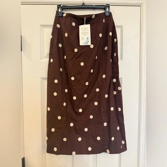 NWT Sezane Pierra Wrap Midi Skirt Ecru Brown Dot Linen Maxi Skirt UK 6 US 2 - Picture 5 of 7